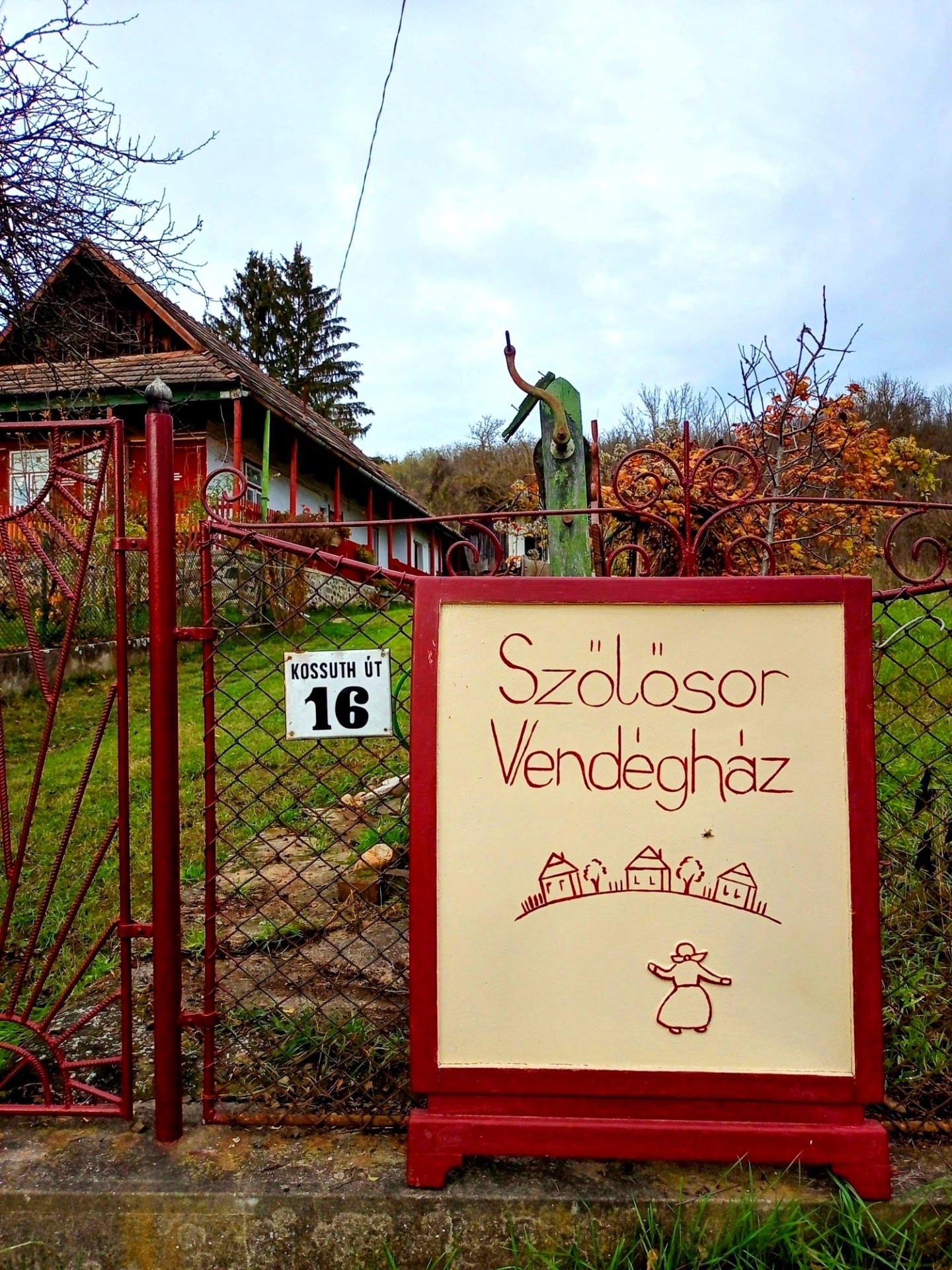 Szőlősor Vendégház Terényben ősszel  a cégtáblával